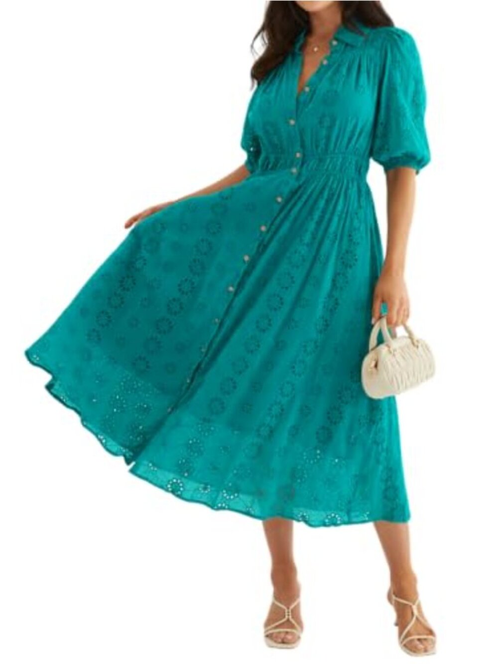 Women's Cotton Midi Dress with Eyelet Embroidery, Button Down, Pockets